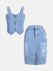 Conjunto de 2 piezas para niñas preadolescentes con top de tirantes y falda vaquera, estilo casual elegante y preparatoria