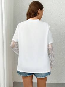 Calvaya Plus Size Women Lace Patchwork Short Sleeve T-Shirt, Spring/Summer Fall Cloth For Women - White - View 2
