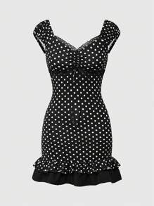 ROMWE Kawaii V 领蝴蝶结点缀彩色块波尔卡圆点修身女式迷你连衣裙