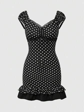 Kawaii V-Ausschnitt Schleife Akzent Farbblockpolkadot Anliegendes Damen Minikleid