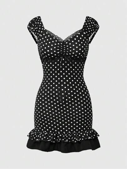 Kawaii Vestido mini ajustado para mujer con cuello en V, acento de lazo, bloques de color y lunares