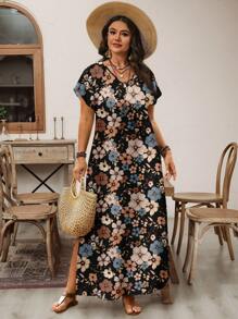 EMERY ROSE 休闲简约复古碎花图案宽松 V 领大码连衣裙，适合春夏季