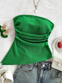 Soleia 女士度假露肩蓝色纹理不对称下摆开衩侧褶皱修身上衣