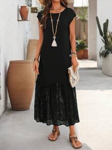 EMERY ROSE Vestido casual de retalhos de renda de cor sólida para férias - Preto - Ver 5