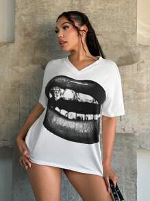 SHEIN SXY Women's V-Neck Short Sleeve T-Shirt, Simple & Fashionable For Summer,Graphic Tees Women,Going Out ,Oversized T Shirt,Goth, Festival,Streetwear For Women,Gyaru - White - View 7