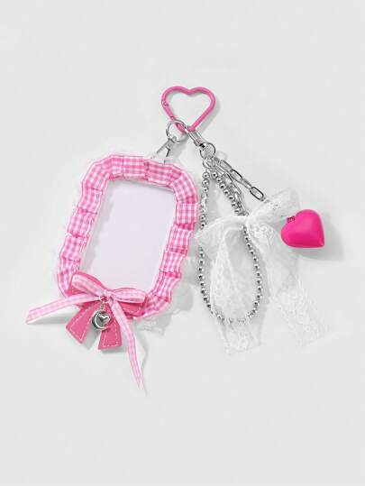 Kawaii 1pc Sweet Girl Style Handmade Beaded CCB Leather Ribbon, Net Yarn Bow, Acrylic Heart Floral Decor Card / ID Holder, DIY Keychain, Bag Pendant, Suitable For Office Workers, Students, Daily Wear, Holiday Gift