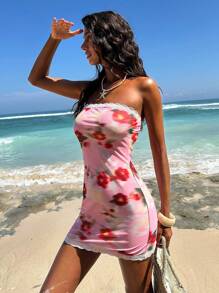 Opulessa Women's Beach Fitted Knit Printed Mesh Mini Tube Dress - Pink - View 6