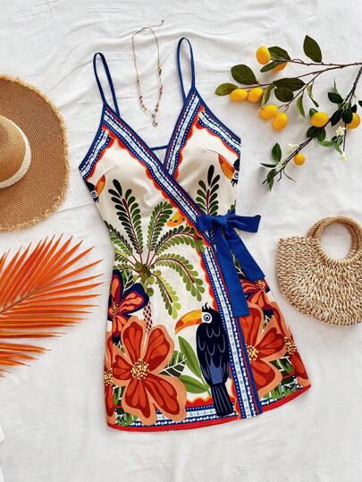 Soleia Vestido Envelope Curto Halterneck Finas com Elementos Tropicais de Férias, Árvore de Coco, Folha de Palmeira, para Mulheres