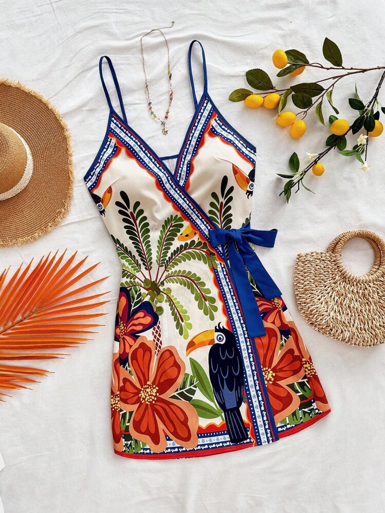 Soleia Women's Vacation Tropical Element Coconut Tree Palm Leaf Spaghetti Strap Mini Wrap Dress,Bohemia - Multicolor - View 1