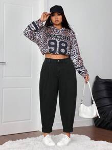 SHEIN CURVE+ 大码休闲简约纯色锥形牛仔裤 - 黑色 - 查看 6