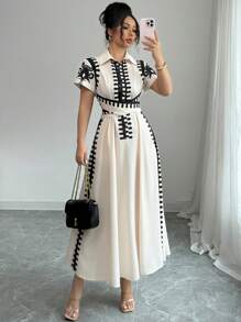 Elenzga Shirt Collar Single Placket Design Waist Twist Tie Dress
