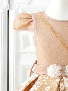 少女提花圆领短袖优雅时尚派对连衣裙 - 卡其色 - 查看 5