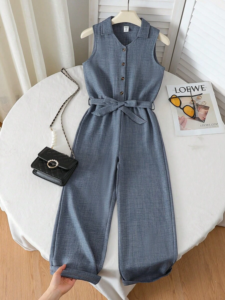 Sparklyn 女孩休闲度假春夏日常外出V领无袖系带阔腿纯色连体裤，假日，夏季，旅行