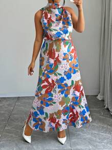 Elenzga 女士花卉印花无袖立领休闲长裙复活节装 - 彩色 - 查看 1