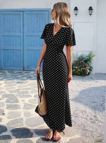 Vivid Eden Wave Pattern V-Neck Short Sleeve Fitted Women's DressSpring And Summer Outfits, Summer Clothes, Valentine Day, Vacation Outfits Woman, Beach Outfits For Woman, Festival, Romantic And Elegant Clothing, Bohemian, BOHO, Sweet, Rave Outfits Festival, Tropical Vacation Woman Clothes, Carnaval,Summer Dresses For Women,Polka Dot Dress