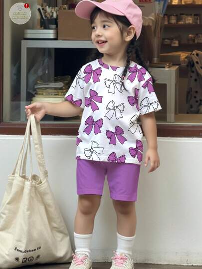 SHEIN Leap Crew 可爱甜美手绘蝴蝶结印花少女休闲简约短袖上衣短裤两件套，适合夏季