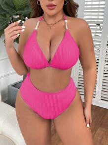Swim Lushoire 大码女式 2 件纯色 3 杯分体式时尚泳衣套装 - 粉色 - 查看 5