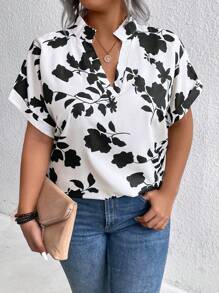 SHEIN CURVE+ Plus Size Women's Casual Woven Printed V-Neck Roll Cuff Loose Regular Blouse For Summer - Black - View 7