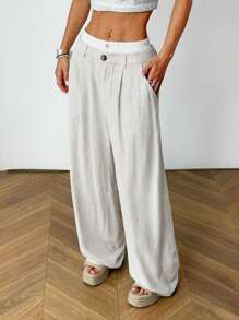 SHEIN EZwear Apricot Linen Woven Women's Wide-Leg Pants, Double Waist Knot, Simple And Fashionable, Suitable For Summer Seaside Vacation