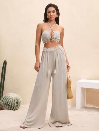 BY FELIZIA Women's Light Khaki Straight Trousers Knitted Wide Leg Drawstring Casual Women's Pants Summer