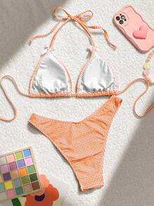 Swim Mod 2pcs/Set Plaid Bikini Swimsuit, Beach Vacation - Orange - View 2