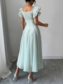 Elenzga Vestido elegante de mujer de manga corta y dos capas con cuello cuadrado, pliegues en la cintura, falda evasé y bajo midi en color verde pálido