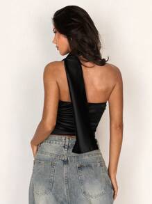 Glamine Áo Bandeau đen dành cho nữ, có khăn choàng trang trí, áo cánh lụa xếp ly cho mùa xuân/hè - màu đen - Xem 2