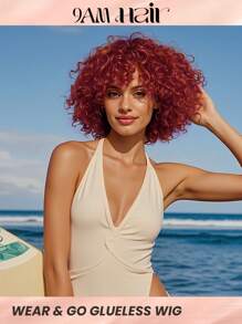 פאות שיער טבעי קצרות, אפרו קינקי מתולתל עם פוני, בורדו, פאת אפרו תלתל, לשימוש יומיומי - S99J - ראה 1