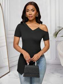 SHEIN Clasi Elegantes Damen T-Shirt mit offener Schulter, Perlenkette und asymmetrischem Saum