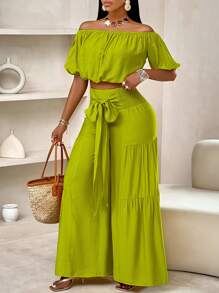 SOLERSUN Summer Beach Vacation Style One-Shoulder Puff-Sleeved Ruffled Strapless Crop Top & Wide Leg Pants Set For Summer