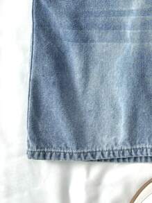 SHEIN Teen Girls' Y2K Summer Street Vintage Retro Blue/Black Washed 2000s Slant Pocket Raw Trim 2 Pcs Denim Baggy Ripped Bermuda Long Shorts, Baggy Wide Leg Shorts, Summer Brunch Graduation,Vacation Beach Vacation,Country Concert/Rave Festival - Multicolor - View 5