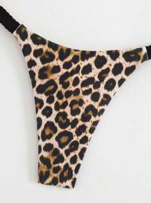 Swim Vcay 2pcs Valentine's Women's Summer Beach Sexy Leopard Print Drawstring Strap Thong - Black - View 5