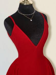 SHEIN ICON 纯红色迷你 A 字形蓬松深 V 领性感优雅腰部露背褶皱鸡尾酒礼服，适合约会之夜/派对 - 紅色 - 查看 7