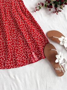 SHEIN WYWH Women's Vacation Blue Dot & Ditsy Floral Puff Sleeve A-Line Mini Dress With Slit Hem