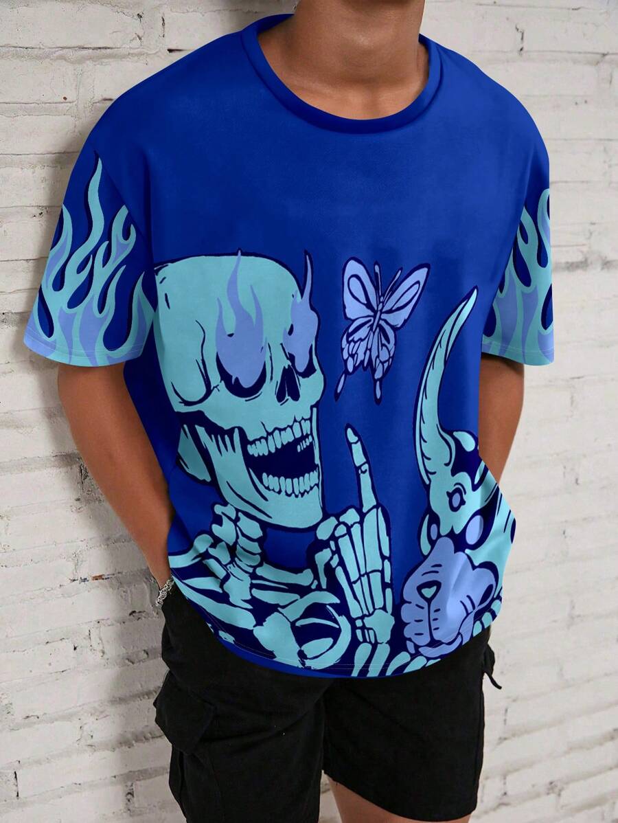 SHEIN Blue Flame, Skull Design Casual Short Sleeve Crew Neck T-Shirt For Tween Boys, Suitable For Summer