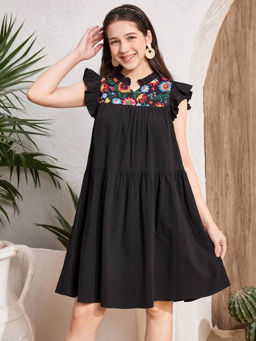 SHEIN Leap Crew Váy chữ A bằng vải voan in hoa cạp chun có viền xếp nếp cho bé gái tuổi teen, phong cách nghỉ dưỡng thường ngày, mùa xuân/hè - màu đen - Xem 1