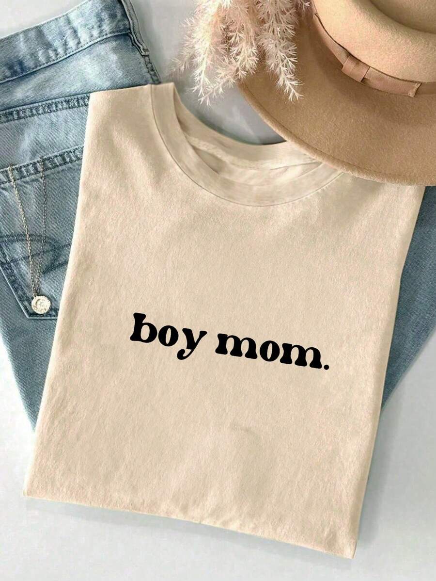 INAWLY Plus Size Summer Casual Letter Print Short Sleeve T-Shirt - Apricot - View 1