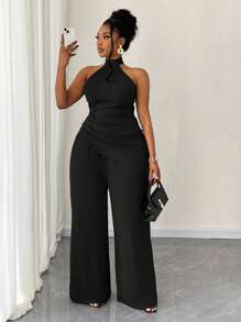 Maweii Plus Size Women Solid Color Knit Halter Backless Asymmetrical Pleats Top And Wide Leg Pants Two Pieces Set - Black - View 1
