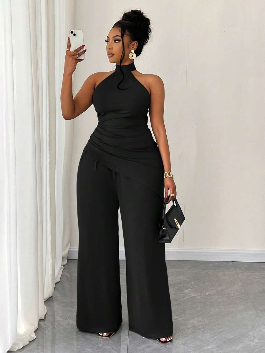 Maweii Plus Size Women Solid Color Knit Halter Backless Asymmetrical Pleats Top And Wide Leg Pants Two Pieces Set - Black - View 1
