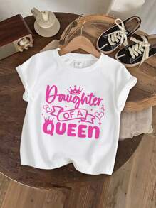 SHEIN Young Girl 1pc Casual Simple Letter Print Short Sleeve T-Shirt, Suitable For Summer Mother And Daughter Outfit>Regular Fitmommy And Baby Outfit