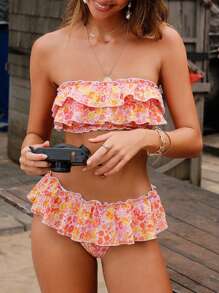 Swim Mod Conjunto de bikini tipo bandeau con estampado floral para mujer, traje de baño casual de vacaciones con falda corta de talle bajo