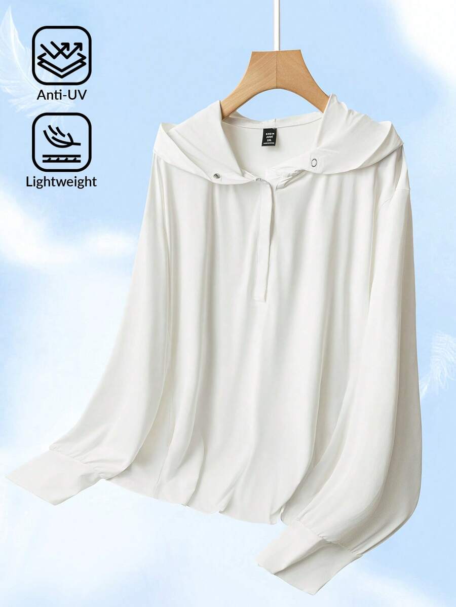 SHEIN Essnce Plus Size White Women's Summer Sun Protection Top,Solid Color Half Placket Button Long Sleeve Hooded Shirt For Beach,Autumn,Casual,Vacation - White - View 1