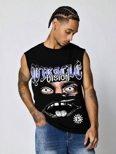 Street Life Men's Gothic Portrait Print Sleeveless Tank Top, Suitable For Everyday Wear, Spring/Summer, Halloween