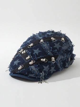Goth 1pc Women's Star Fringe Beret Hat, Suitable For Everyday Wear