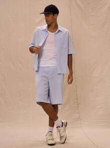 Musero Áo sơ mi ngắn tay kẻ caro cài cúc kiểu Shacket cho kỳ nghỉ xuân hè. - Màu xanh lam - Xem 5