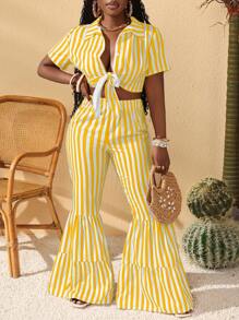 Slaydiva Spring/Summer New Music Festival, Easter, Nashville, Birthday Party, Graduation Season, Student, Everyday Casual, All-Match Versatile, Leisure, Cruise Travel, Beach, Sunbathing Striped Print Top, Tied & Ruched Wide Leg Pants Ladies Set,Summer Sets
