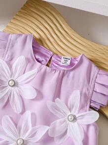 2pcs Set Girls Stylish Pearl 3D Floral Design Top With Skirt Suit, Elegant Princess Outfit, Summer - Purple - View 8
