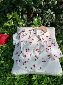 SHEIN LMoss Kids Tween 女童休闲可变领樱桃印花短款短袖衬衫 - 白色 - 查看 3