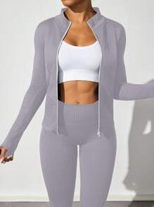 Easithlete Set sport asortat pentru femei, cu mânecă lungă și fermoar, culoare solidă, bluză și pantaloni, seturi de antrenament pentru femei - Multicolor - Vizualizare 7