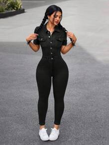 SHEIN PETITE Women's Casual Washed Slim Jumpsuit Jeans - Black - View 4